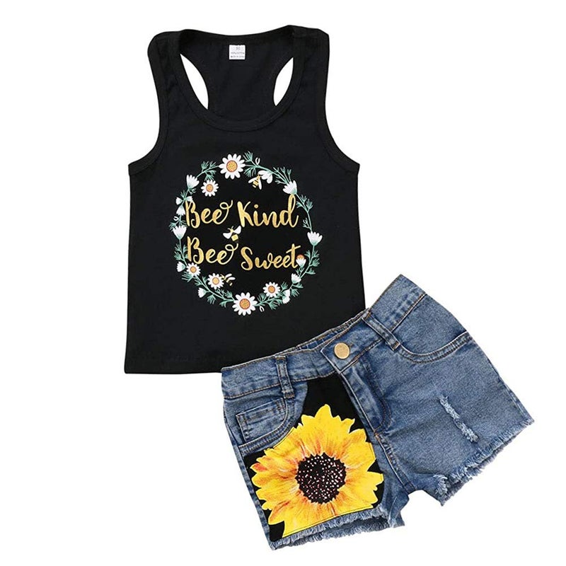 Honganda Fashion 2Pcs Toddler Kids Baby Girl Sunflower Outfits Sleeveless Tank Top+Denim Shorts Summer Clothes (Black, 3-4T) - Image 1